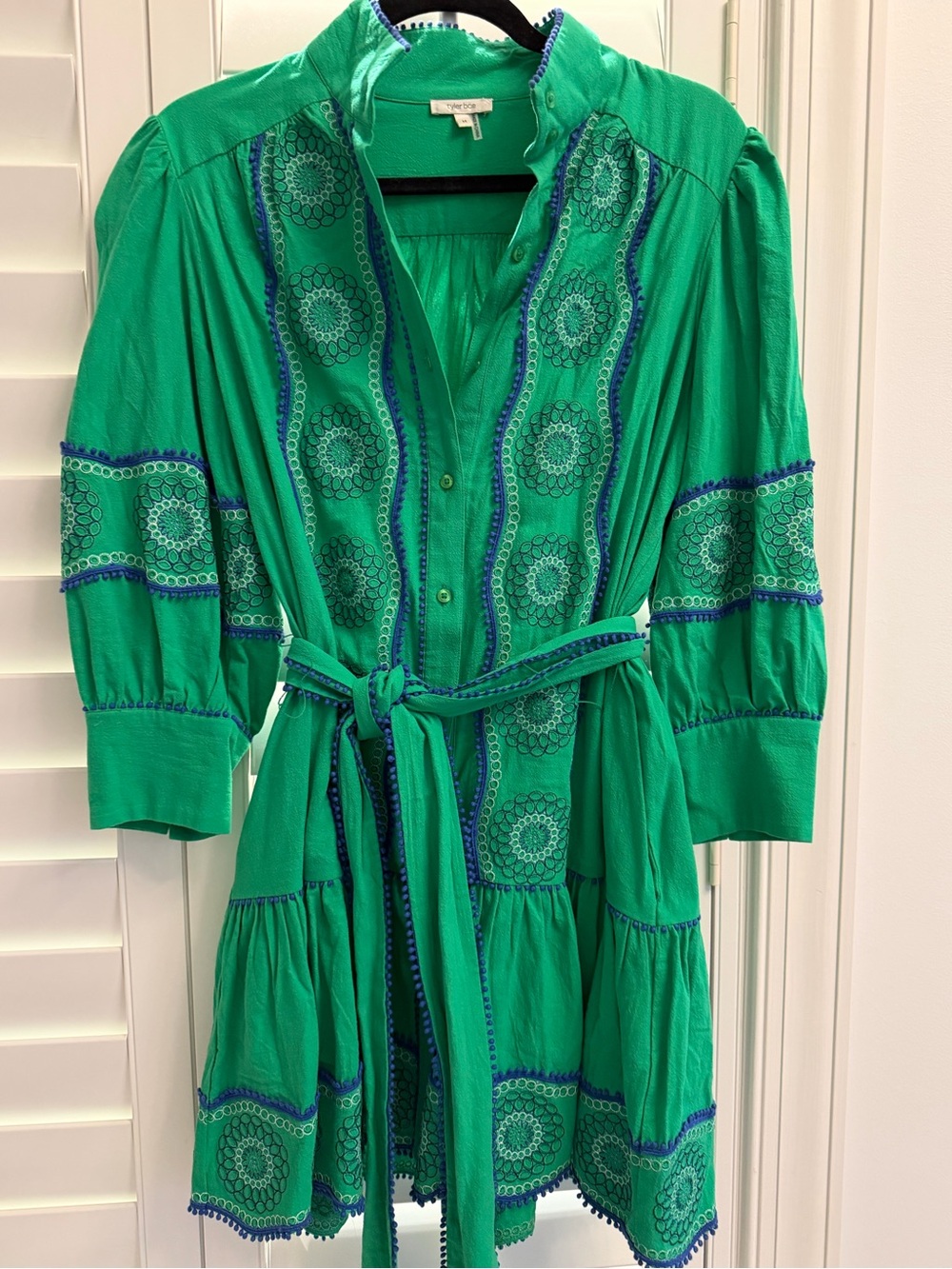 Tyler Boe Green Embroidered Button-Front Belted Mini Dress